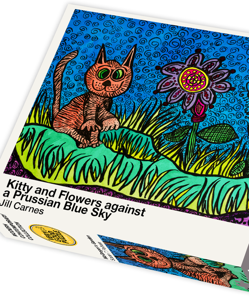 VERY GOOD PUZZLE:Kitty and Flowers against a Prussian Blue Sky by Jill Carnes - 1000 piece jigsaw puzzle